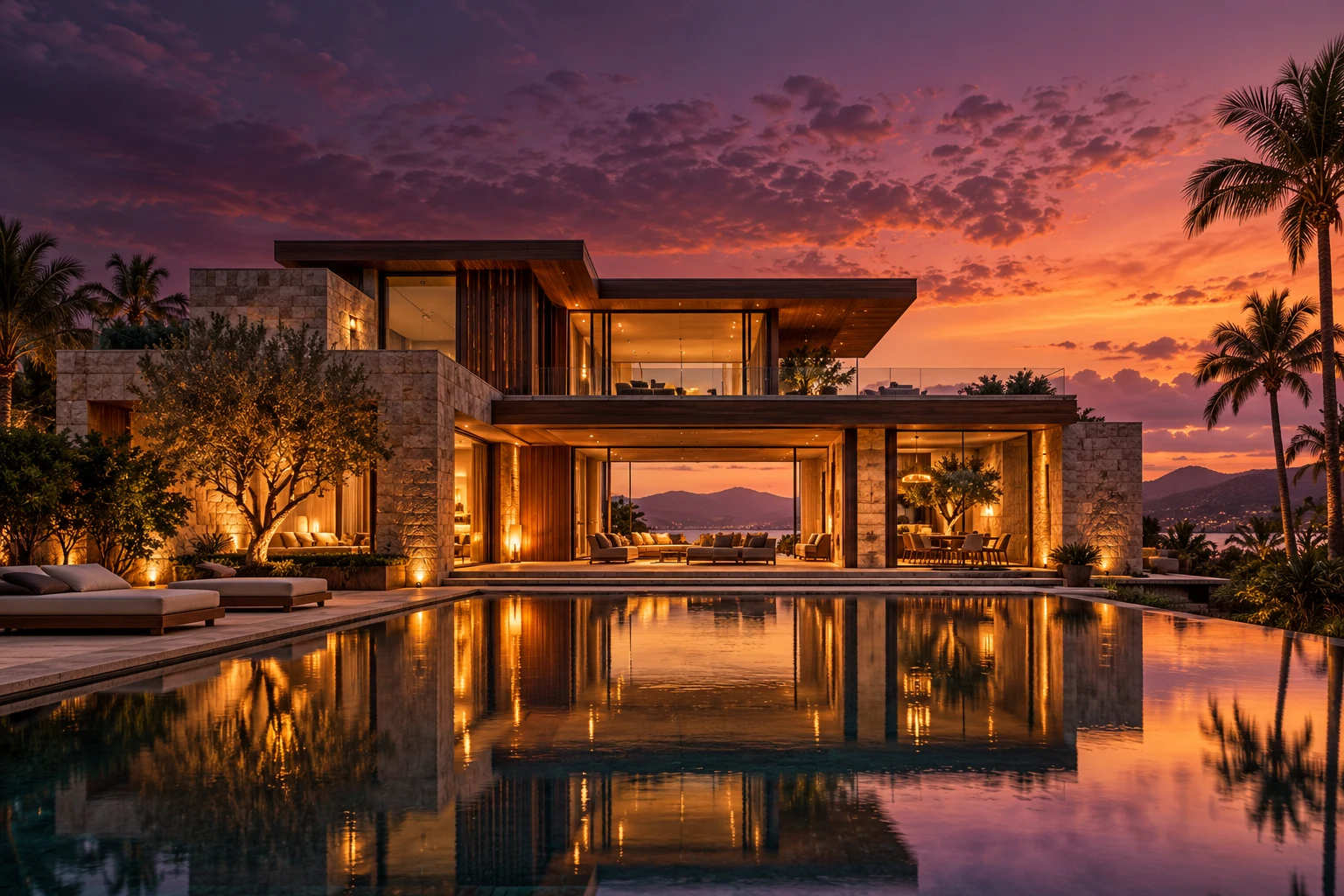 AI concept image of a modern villa and reflecting pool at dusk