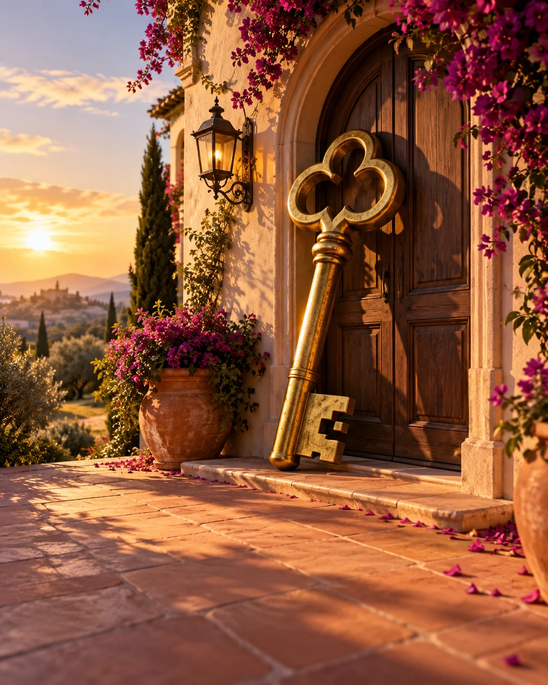 Playful AI concept image of an oversized brass key leaning against a villa door